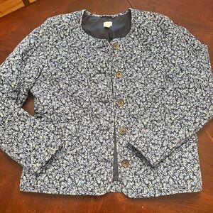 J CREW Factory Women Short Quilted Cotton Blend Blue Floral Jacket Sz 6